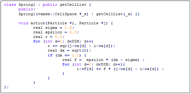 Text Box: class Spring1 : public getCellList {
	public:
	Spring1(vamde::CellSpace *_s) : getCellList(_s) {}
		
	void action(Particle *i, Particle *j) {
		real sigma = 1.0;
		real epsilon = 5.0;
		real r = 0.0;
		for (int d=0; d<DIM; d++)
			r += sqr(j->x[d] - i->x[d]);
			real dx = sqrt(r);
			if (dx <= 1.1) {
				real f =  epsilon * (dx - sigma) ;
				for (int d=0; d<DIM; d++){
					i->F[d] += f * (j->x[d] - i->x[d]) ;
				}
			}
		}
};

