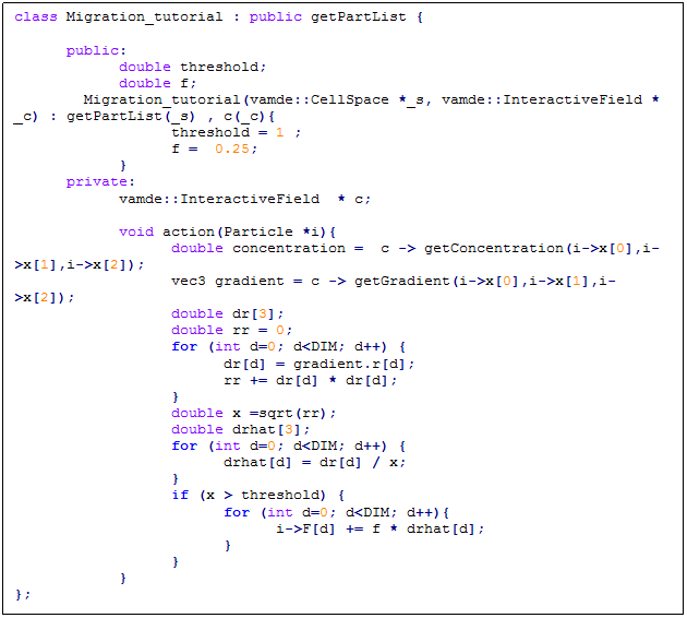 Text Box: class Migration_tutorial : public getPartList {
	
	public:
		double threshold;
		double f;
        Migration_tutorial(vamde::CellSpace *_s, vamde::InteractiveField * _c) : getPartList(_s) , c(_c){
			threshold = 1 ;
			f =  0.25;
		}
	private:
		vamde::InteractiveField  * c;
		
		void action(Particle *i){
			double concentration =  c -> getConcentration(i->x[0],i->x[1],i->x[2]);
			vec3 gradient = c -> getGradient(i->x[0],i->x[1],i->x[2]);
			double dr[3];
			double rr = 0;
			for (int d=0; d<DIM; d++) {
				dr[d] = gradient.r[d];
				rr += dr[d] * dr[d];
			}
			double x =sqrt(rr); 
			double drhat[3];
			for (int d=0; d<DIM; d++) {
				drhat[d] = dr[d] / x;
			}
			if (x > threshold) {
				for (int d=0; d<DIM; d++){
					i->F[d] += f * drhat[d];
				}
			}
		}
};

